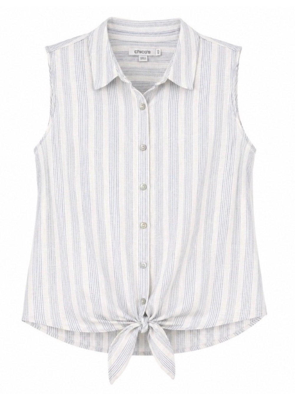 Chico’s | Blue/White Stripe 100% Linen No Iron Sleeveless Button-Down Shirt Sz 2
